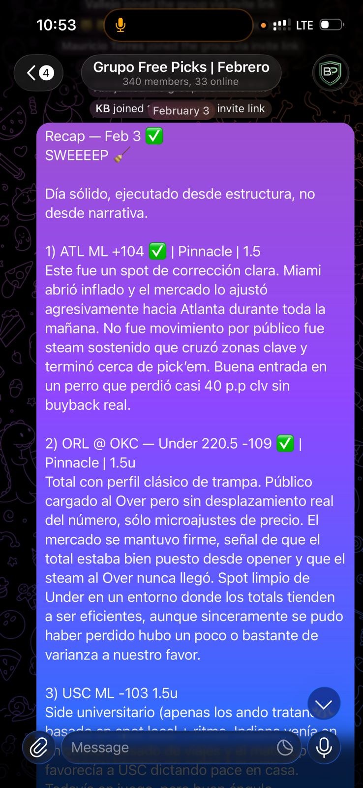 Telegram group — pick real Feb 3 +97% ROI